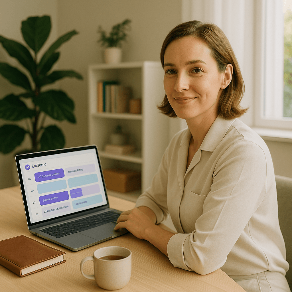 Profesional de la salud en su consultorio utilizando EvoTurno en su laptop