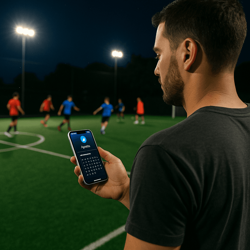 Jugadores en una cancha de fútbol 5 iluminada, reservada con EvoTurno