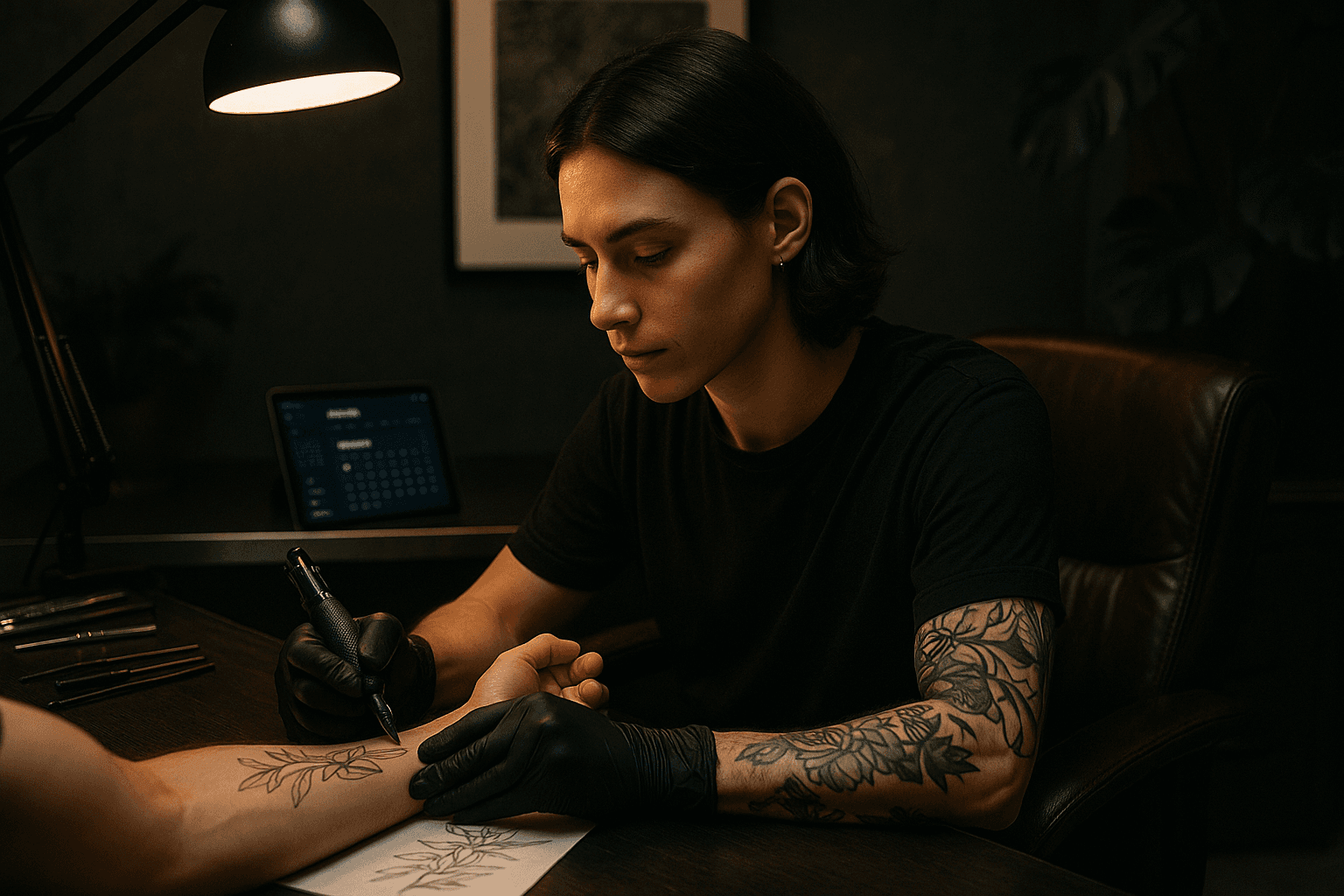 Artista del tatuaje diseñando en su estudio con la agenda de EvoTurno