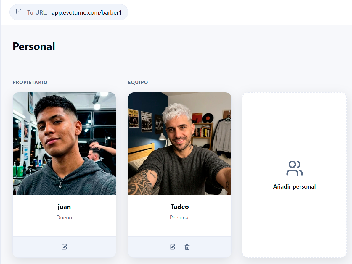 Dashboard de gestión de equipo en evoturno